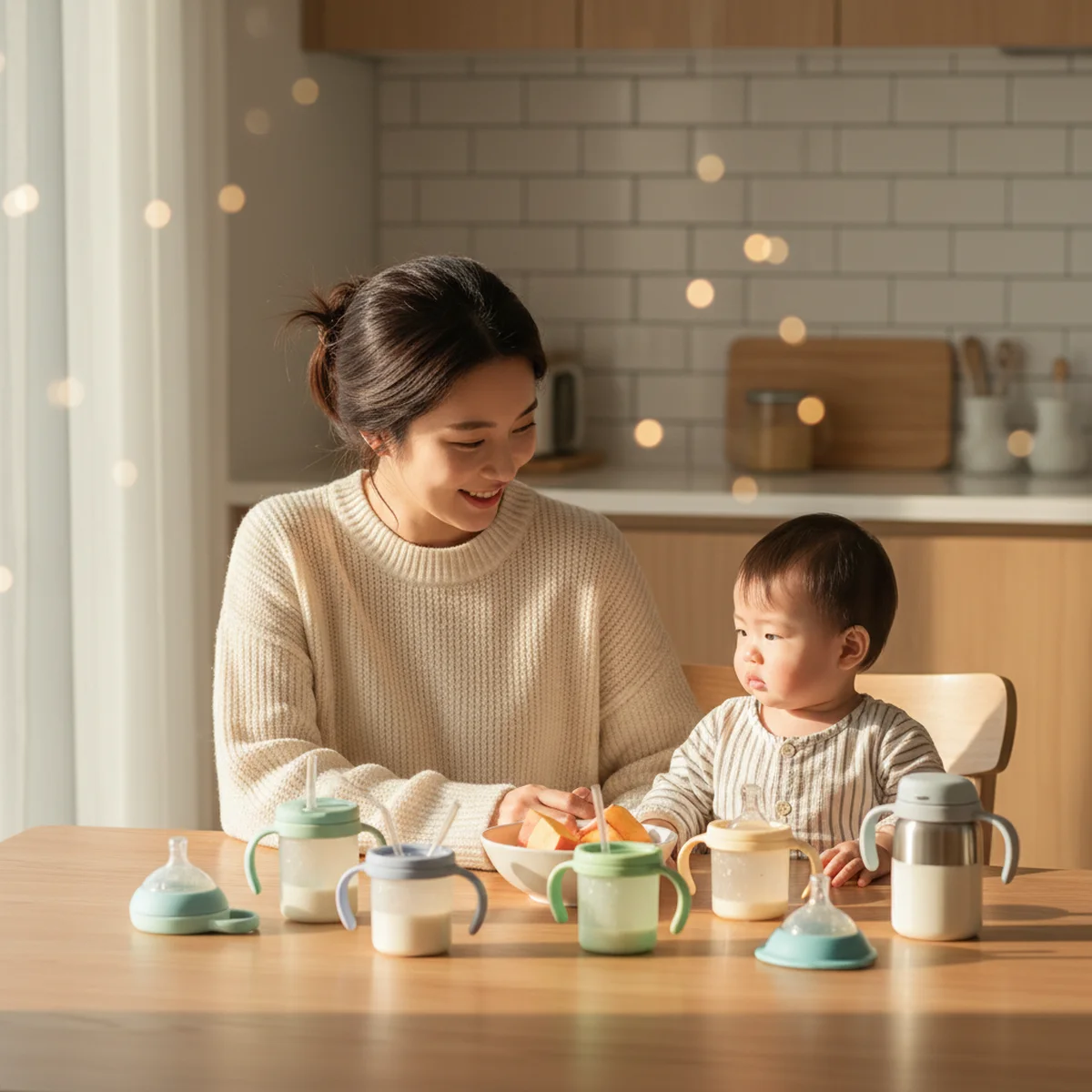 Korean mother and toddler with Korean baby feeding cups and bottles at breakfast