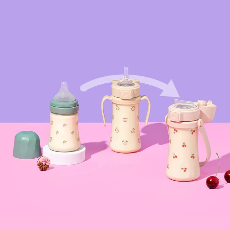 Grosmimi PPSU feeding product progression — nipple bottle, straw cup, and tumbler for each stage of baby development
