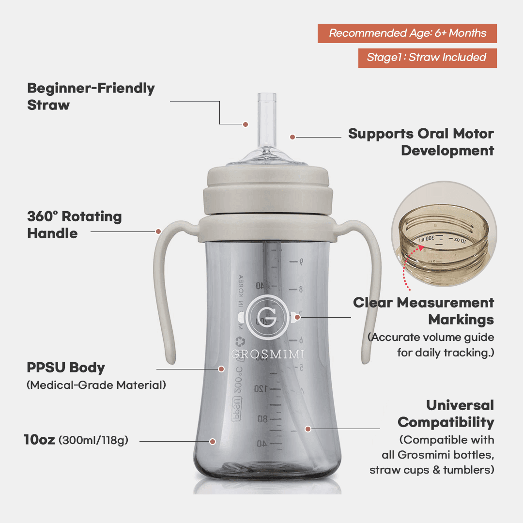Grosmimi PPSU Straw Cup with handles, one-touch cap, and silicone straw — 6 month feeding essentials