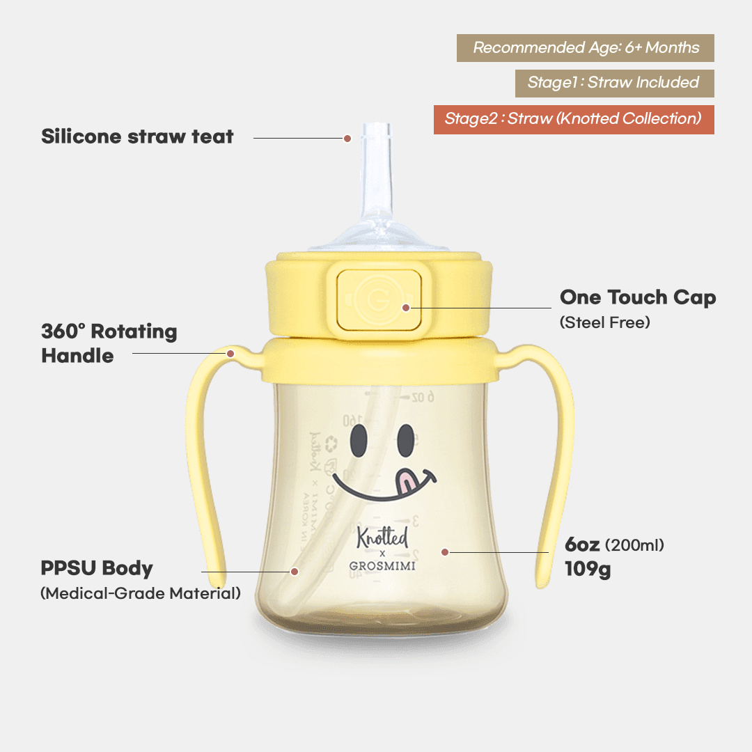 Grosmimi PPSU Straw Cup with handles, one-touch cap, and silicone straw — 6 month feeding essentials