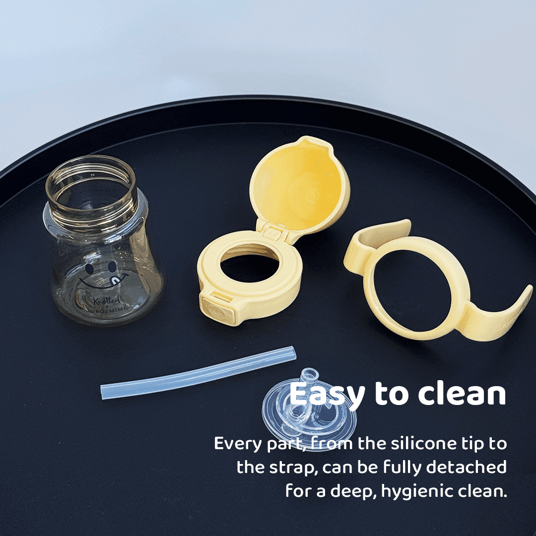 Grosmimi PPSU Straw Cup components — bottle, one-touch cap, silicone straw teat, handle, straw tube, and weighted straw kit