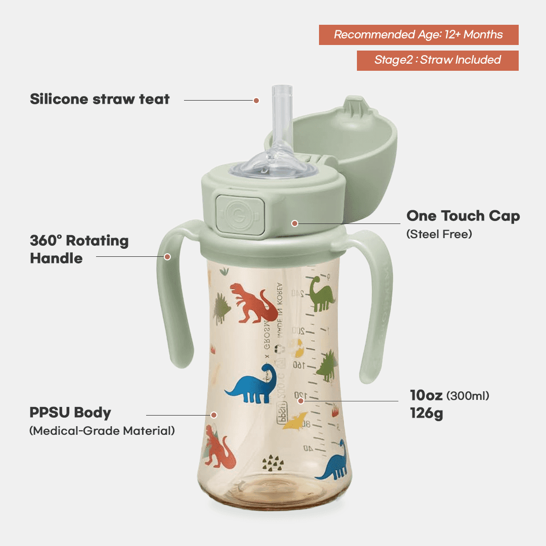 Grosmimi PPSU Straw Cup with handles, one-touch cap, and silicone straw — 6 month feeding essentials