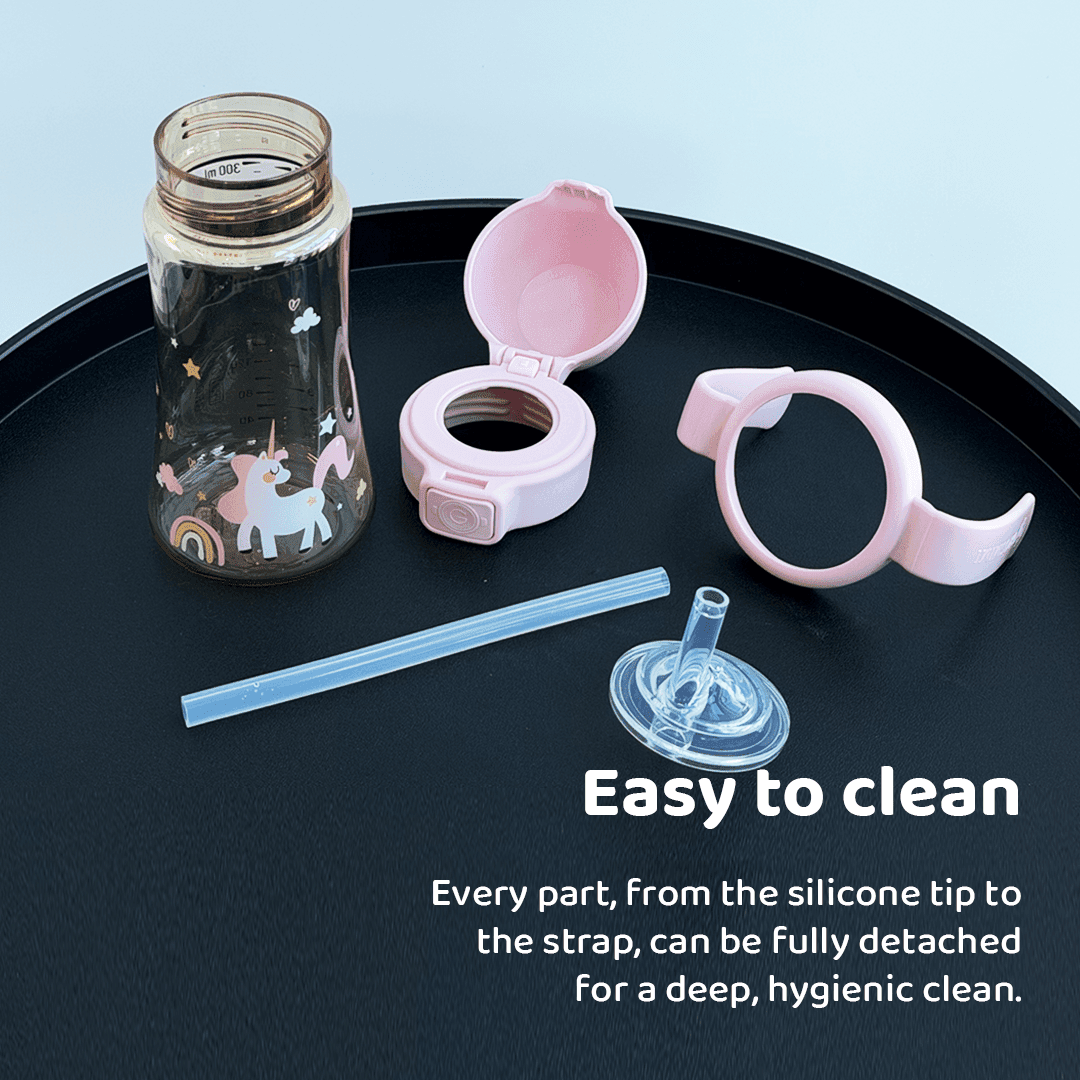 Grosmimi PPSU Straw Cup components — bottle, one-touch cap, silicone straw teat, handle, straw tube, and weighted straw kit
