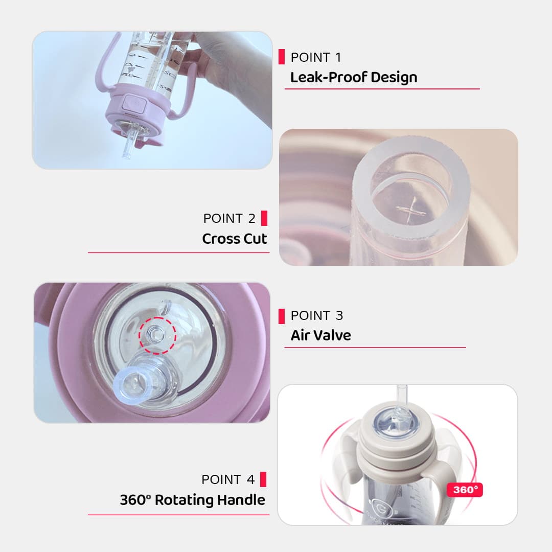 Grosmimi straw cup engineering details — ergonomic silicone tip, controlled flow rate, and clear inner tip design