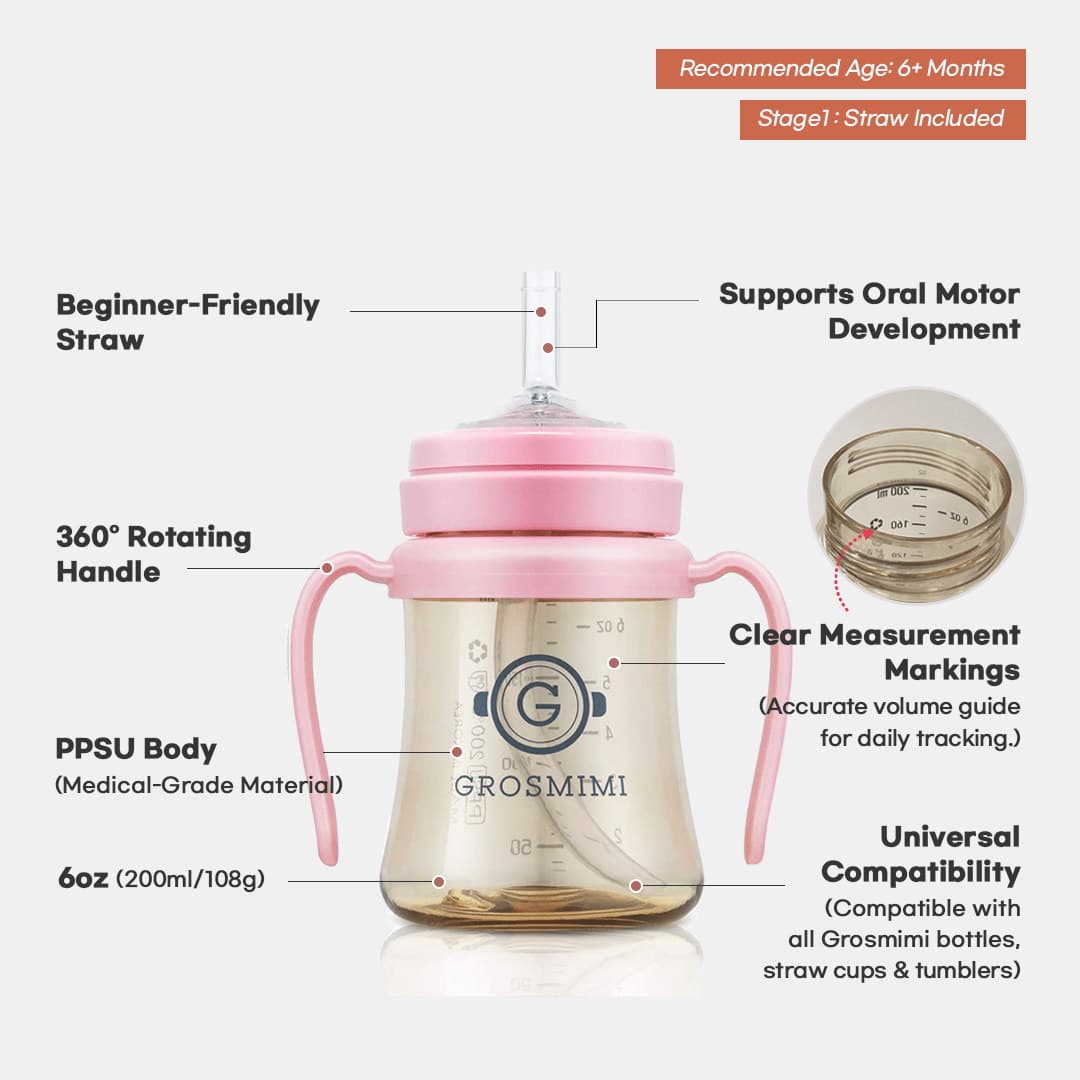 Grosmimi PPSU Straw Cup with handles, one-touch cap, and silicone straw — 6 month feeding essentials