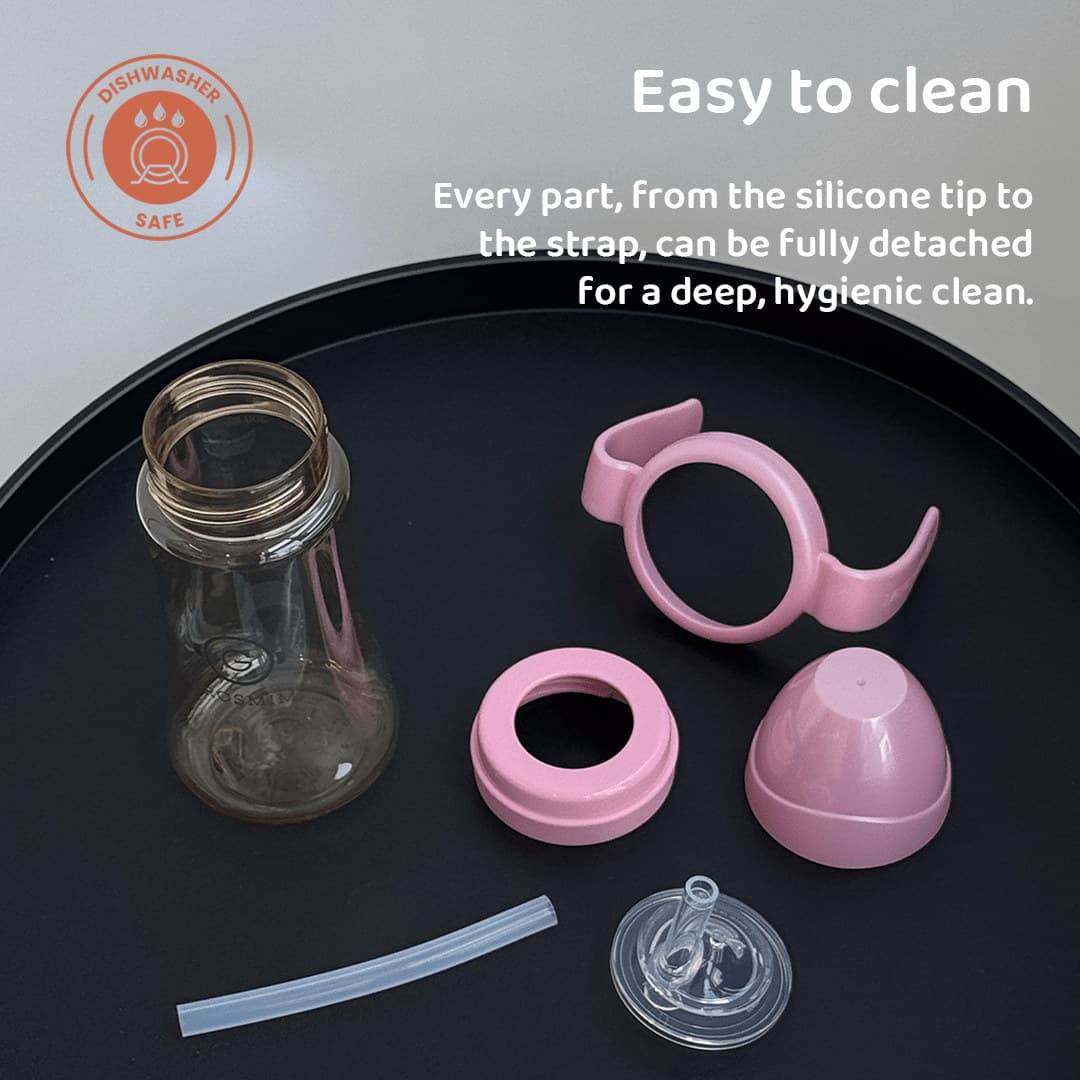 Grosmimi PPSU Straw Cup components — bottle, one-touch cap, silicone straw teat, handle, straw tube, and weighted straw kit