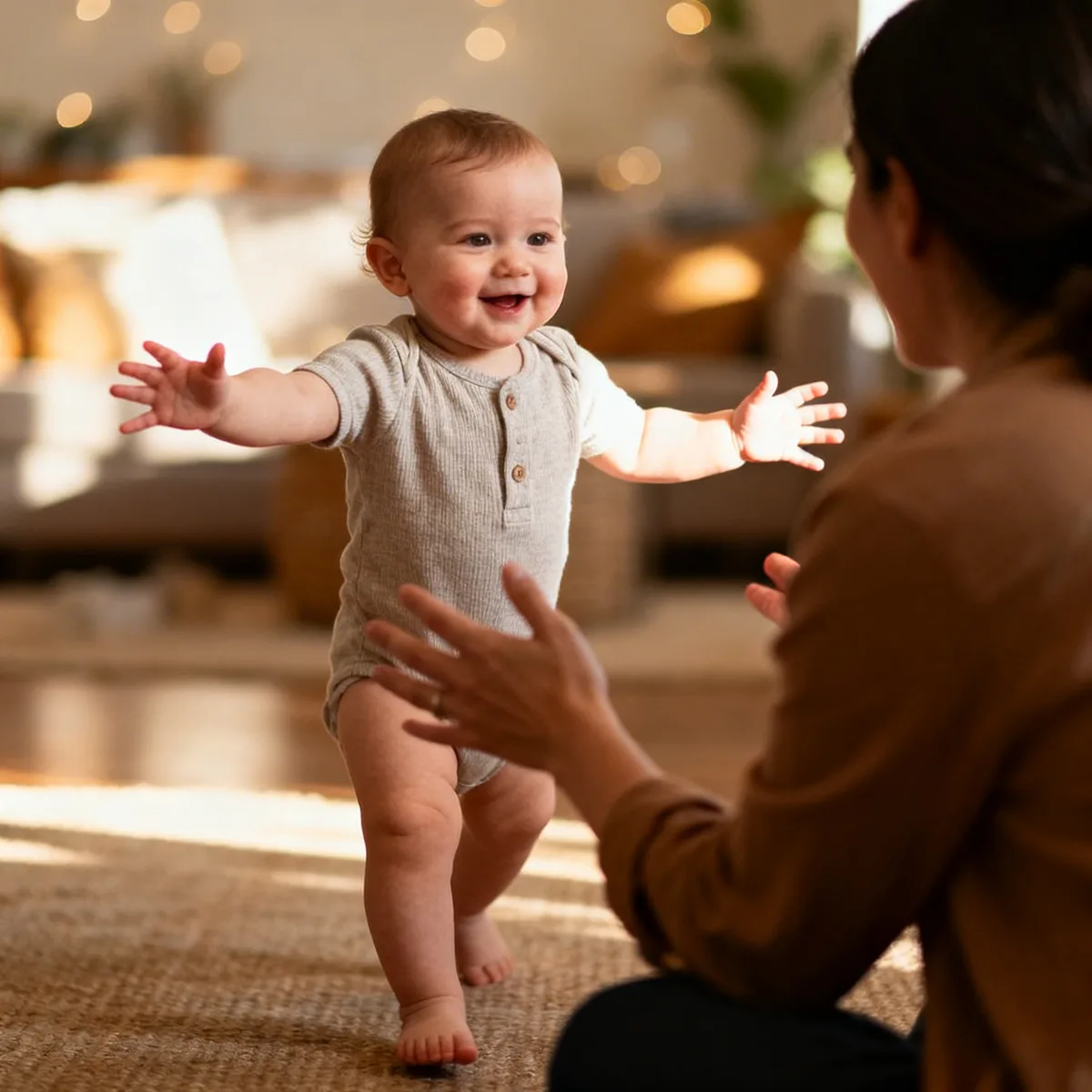One-year-old baby taking first steps toward parent with arms outstretched