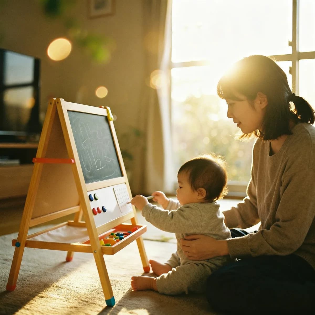 Mother and baby in warm lifestyle photo, Best Kids Easel for Home: Chalkboard vs Whiteboard
