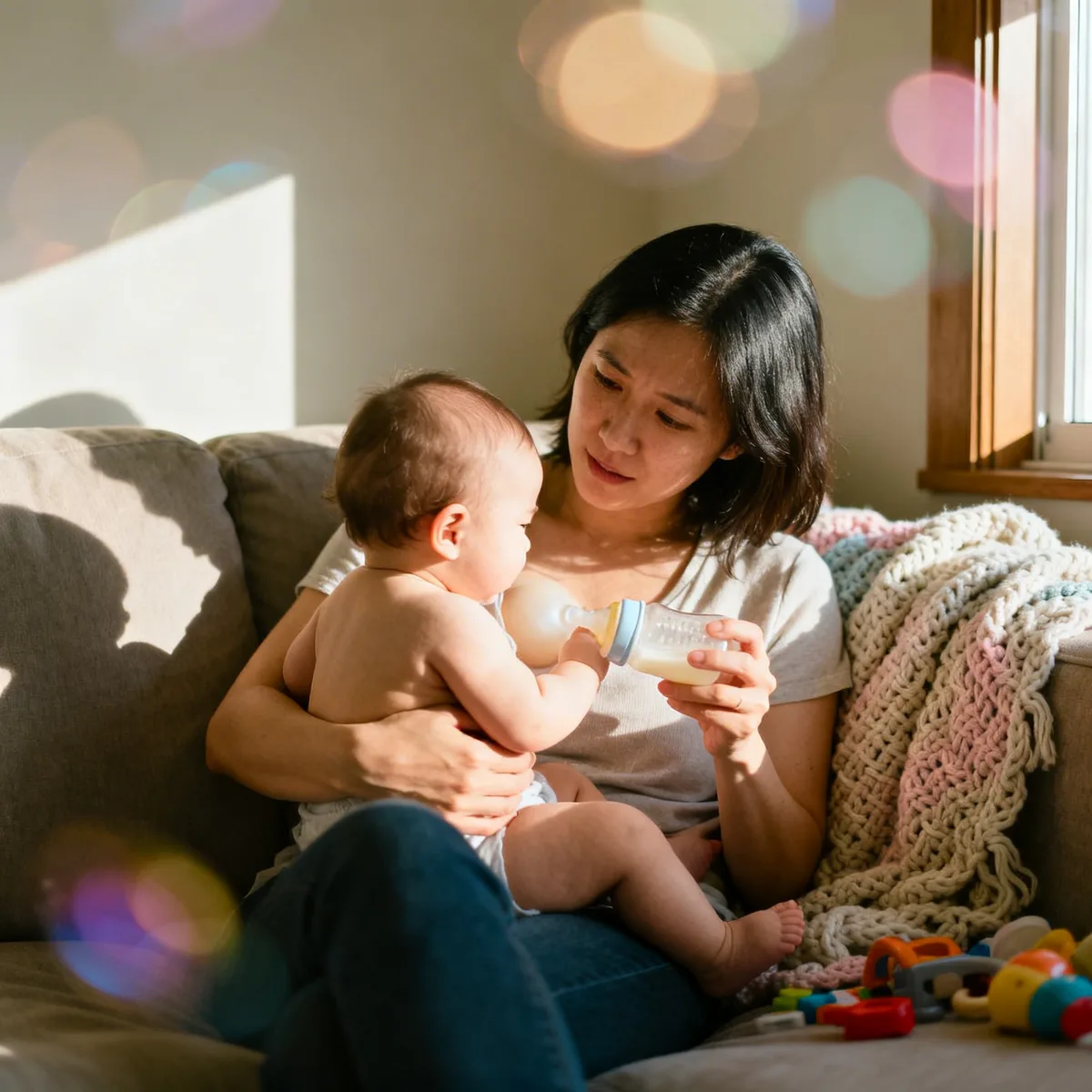 Mother and baby in warm lifestyle photo, Baby Refusing Bottle After Breastfeeding: What Act