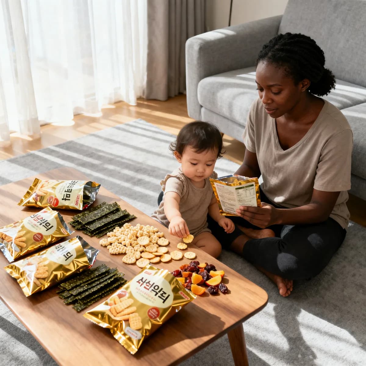 Mother reading Korean baby snack label while toddler sits nearby with nutritious Korean snacks on floor