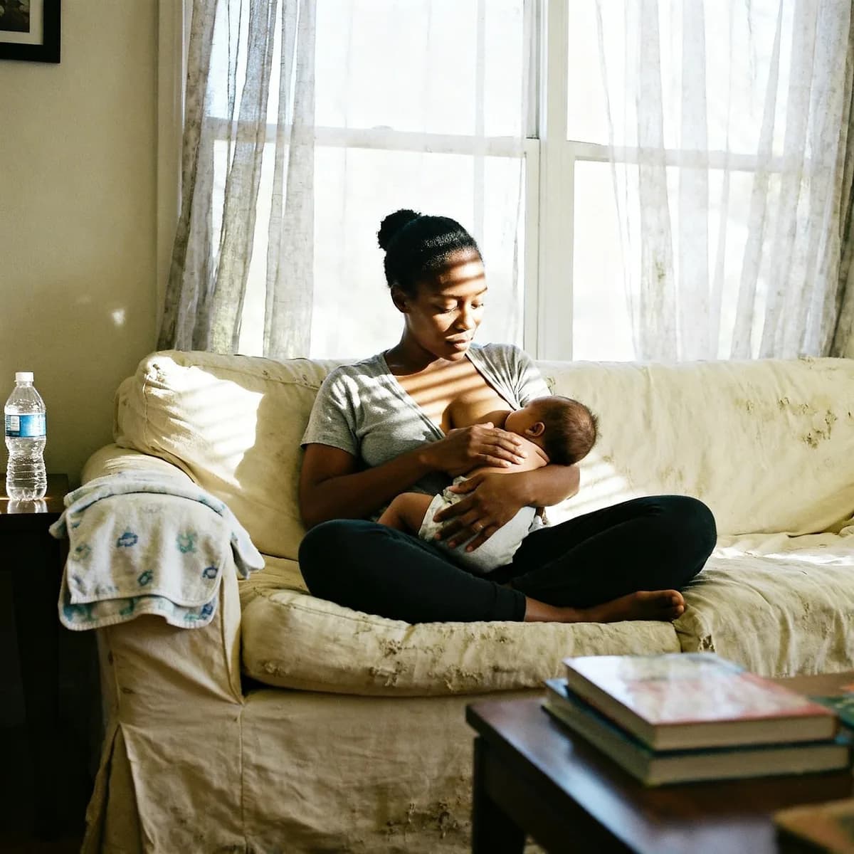 Mother nursing baby on couch with afternoon light, how to increase milk supply
