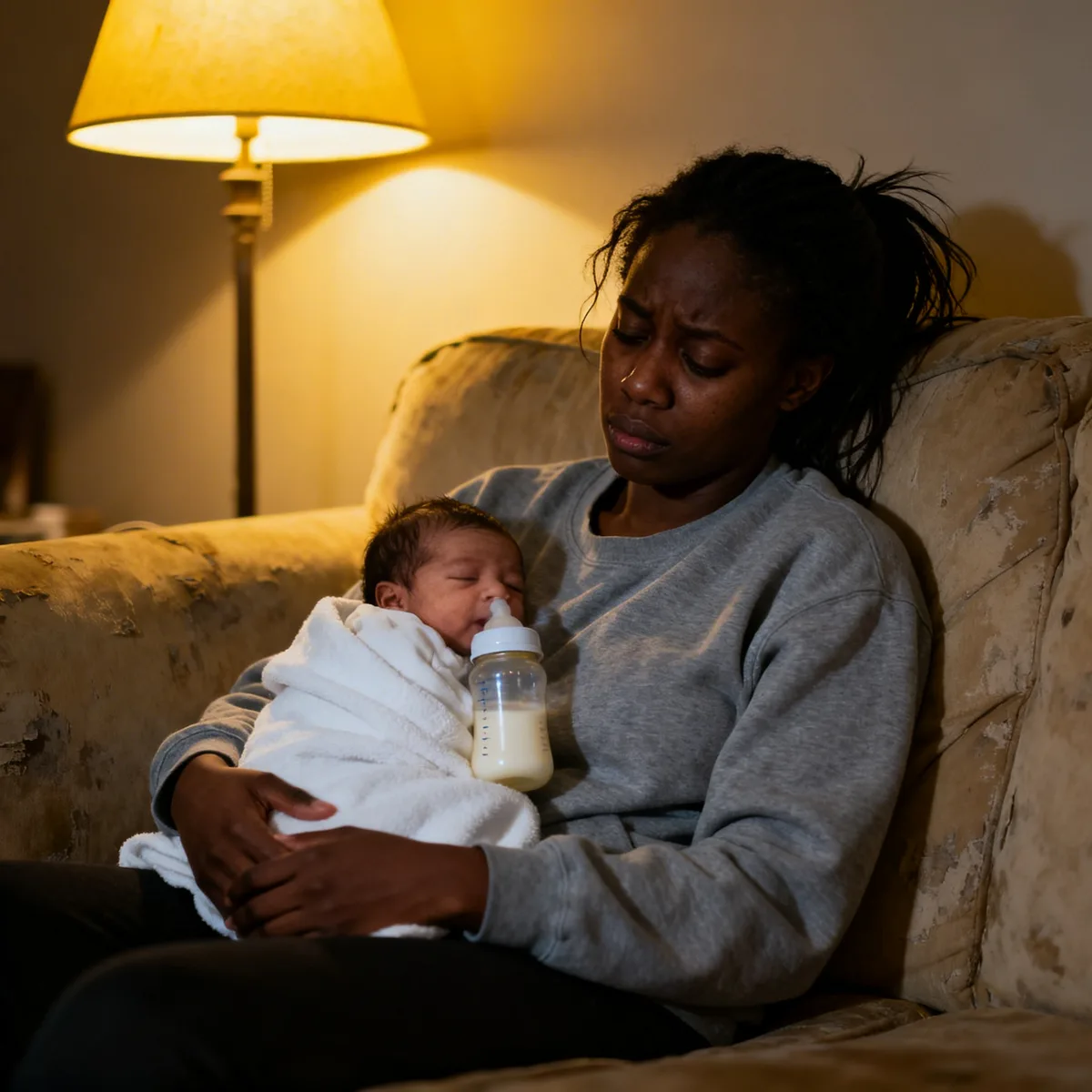 Exhausted mother bottle feeding newborn at night, soft lamp light, couch setting