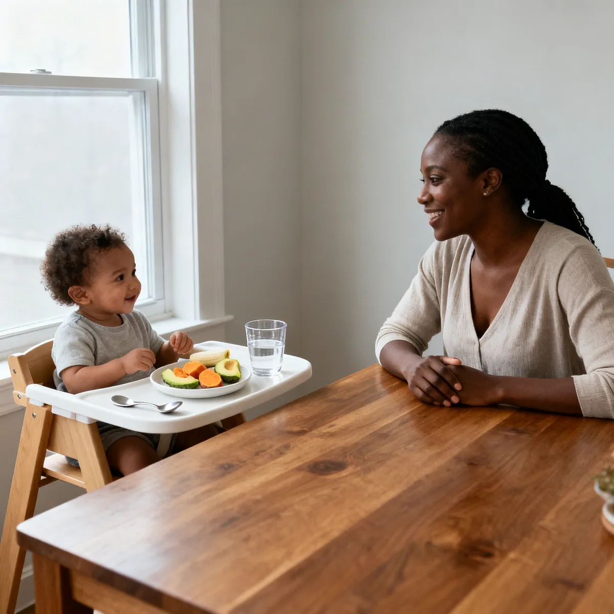 Mother and toddler at dining table with simple BLW starter kit essentials during natural window light