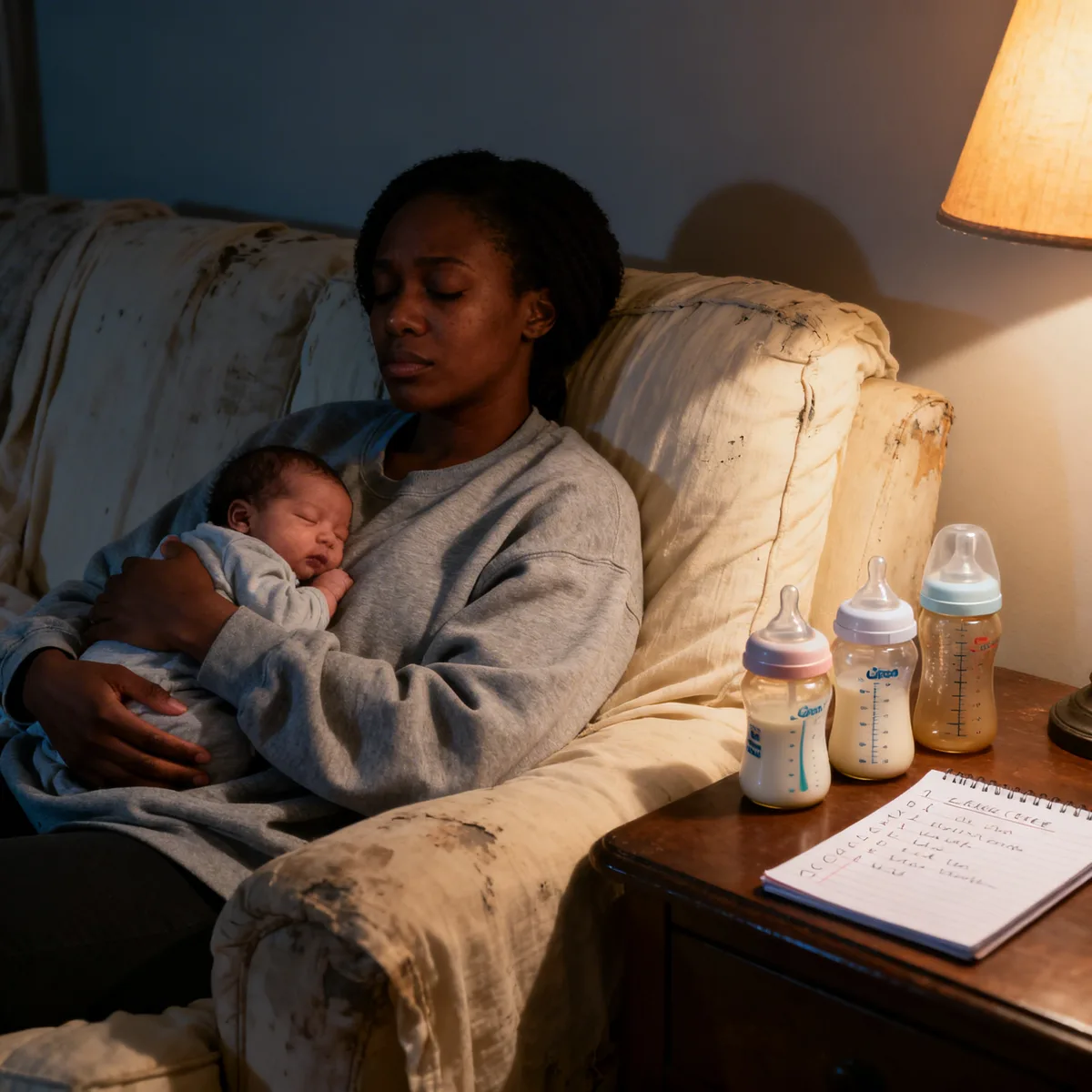 Mother holding gassy newborn at night with anti-colic bottles on table nearby