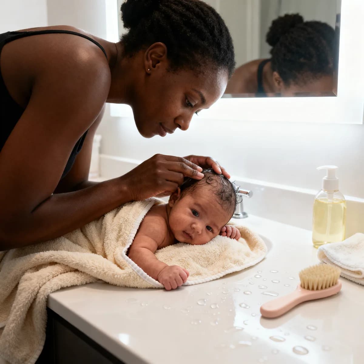 Mother examining newborn's cradle cap under bathroom light while baby wrapped in towel