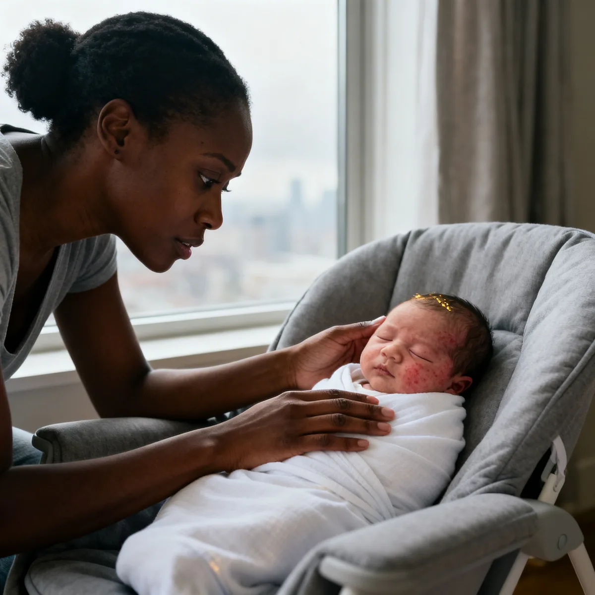 Mother examining newborn's red rash on face in natural window light