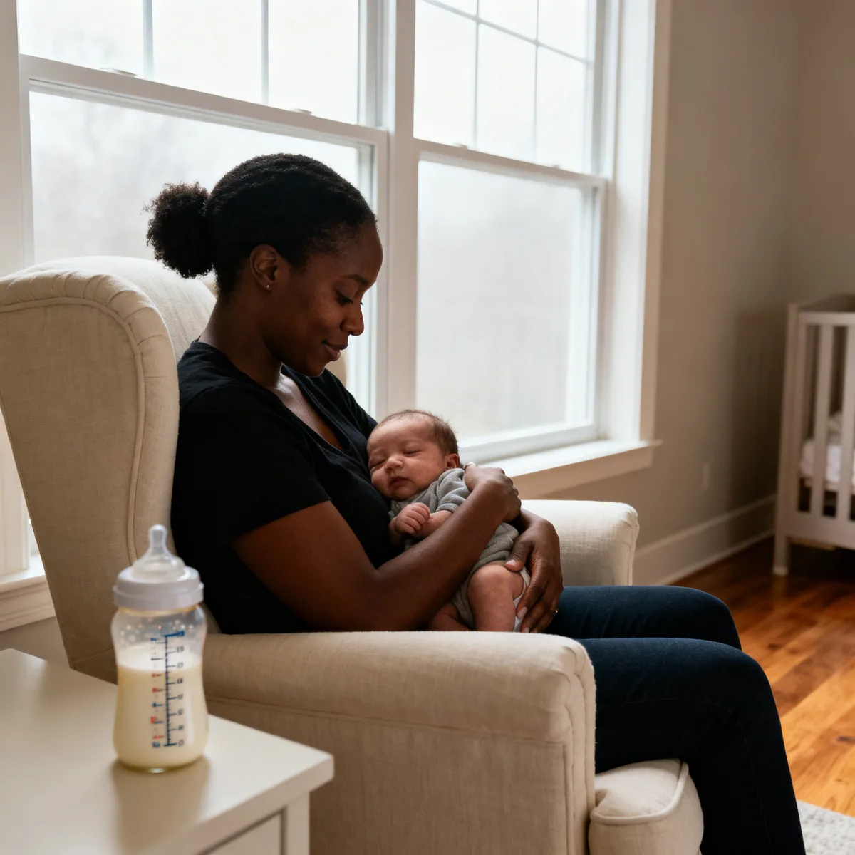 Mother holding newborn by window light, formula bottle visible on table showing oz measurements