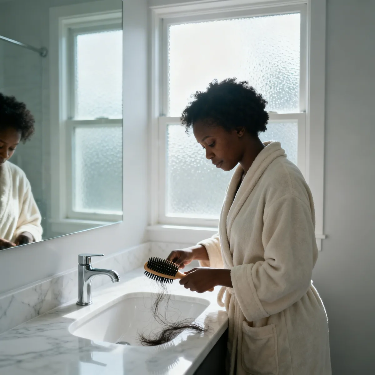 Mother examining postpartum hair loss in her hairbrush at bathroom sink