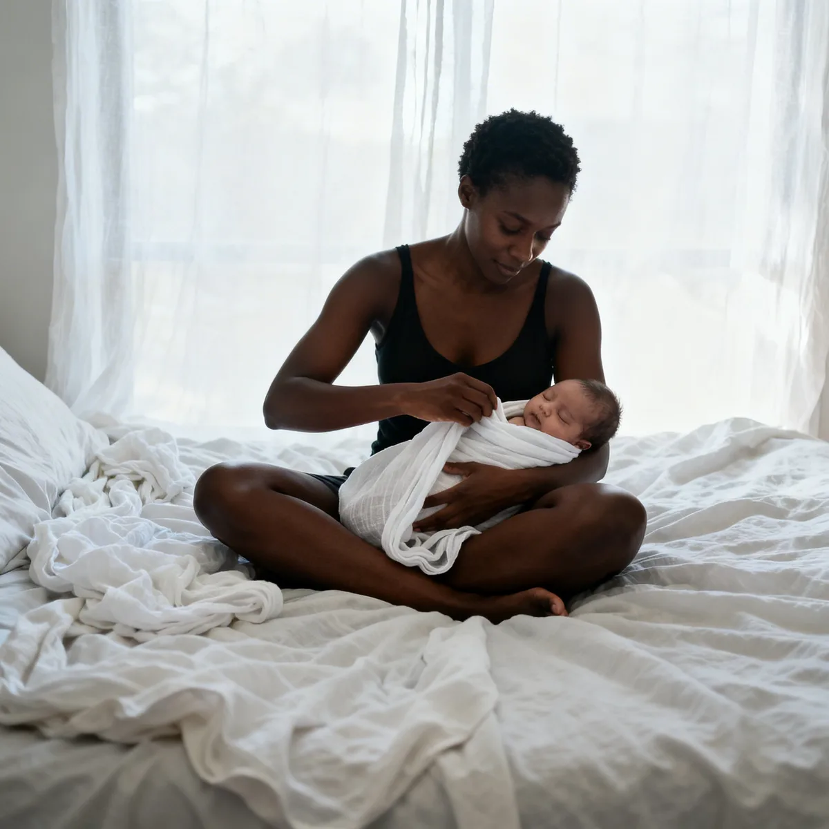 Mother demonstrates how to swaddle a newborn on bed with muslin cloth and soft natural light