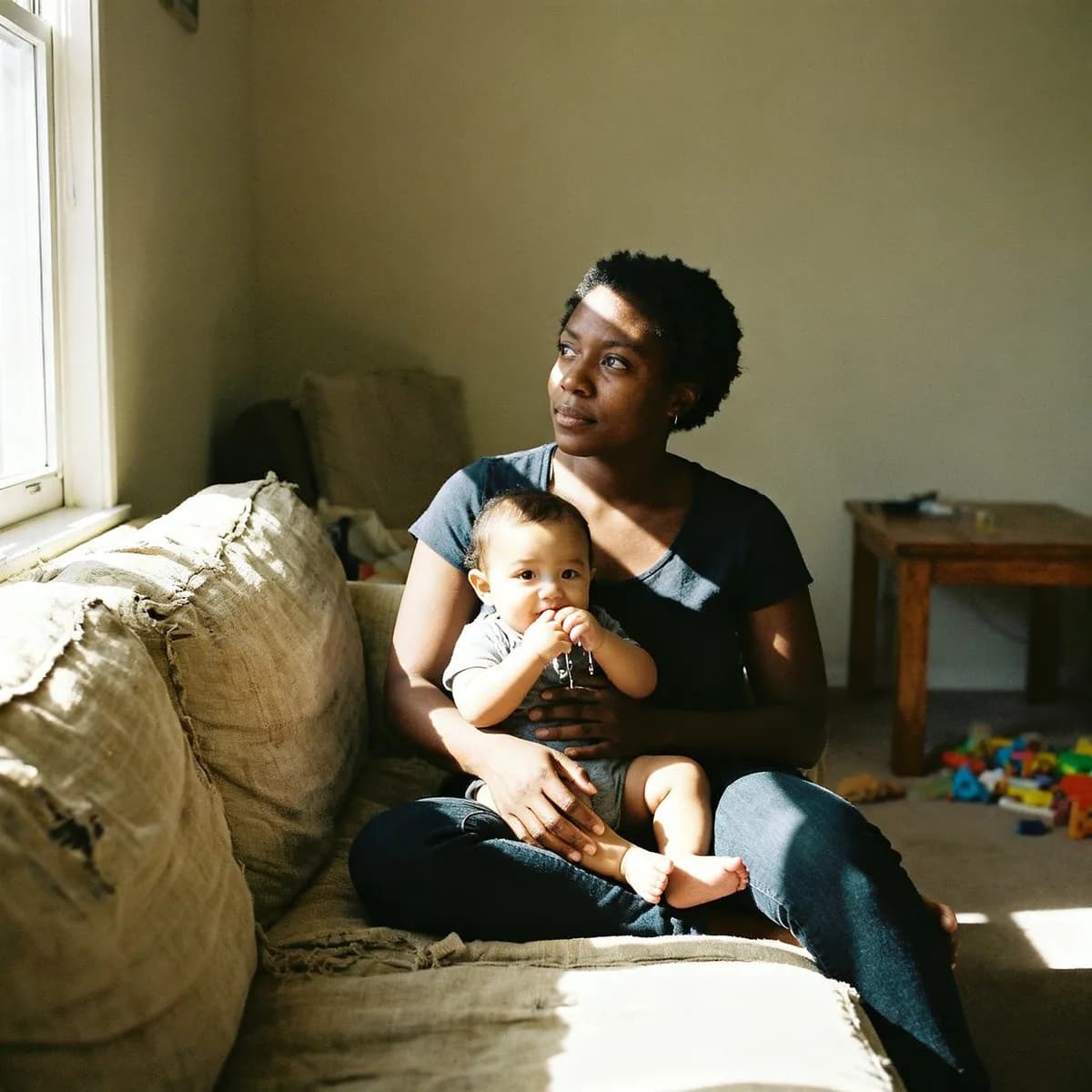 Mother observing signs of teething in her baby's drooling and chewing behavior on couch