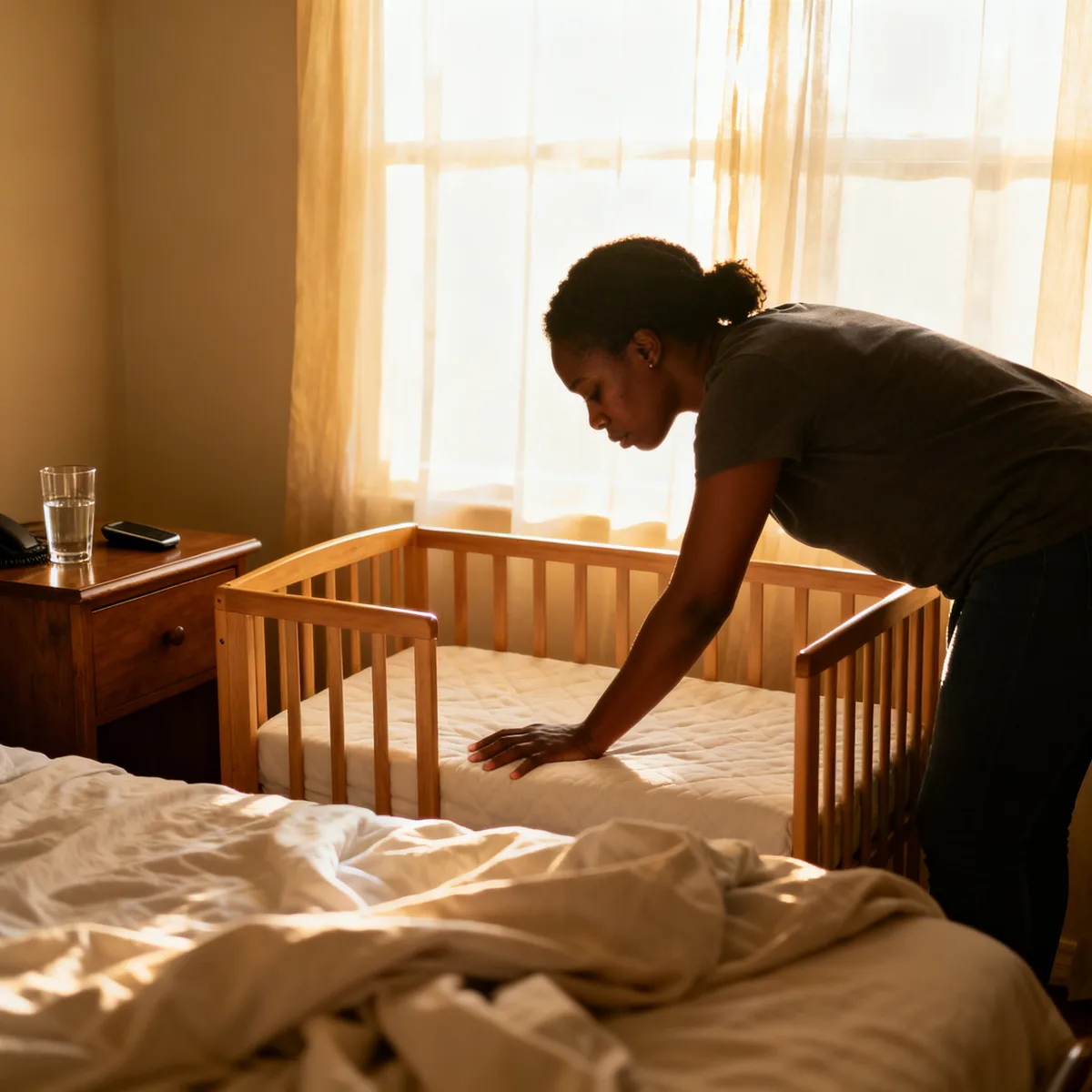 Mother checking on baby in bedside bassinet during SIDS prevention safe sleep setup