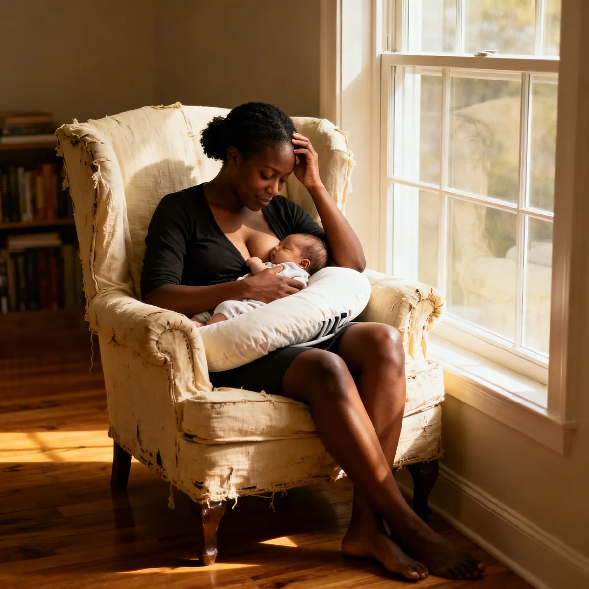 Mother demonstrating cradle hold breastfeeding position by window light