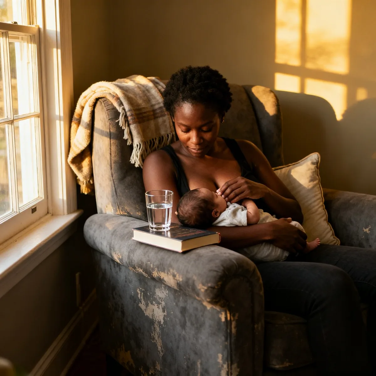 Black mother breastfeeding newborn on couch in morning light, practical support items nearby