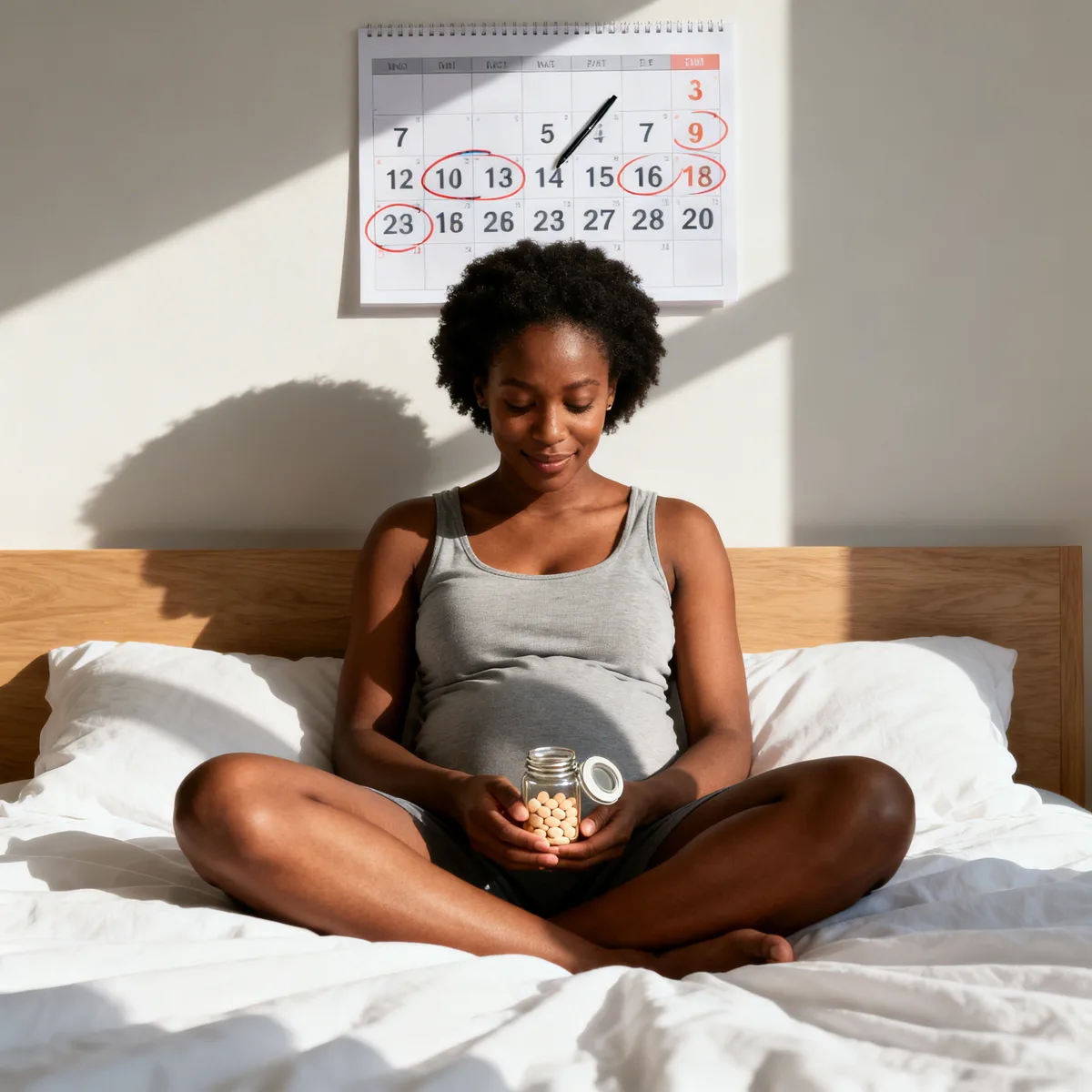 Woman reviewing prenatal vitamins before pregnancy, planning conception timeline