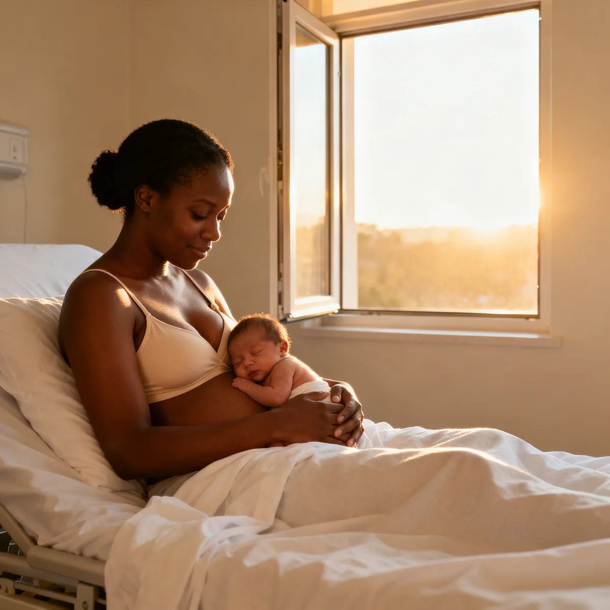 Mother bonding with newborn during first colostrum feeding, skin-to-skin contact