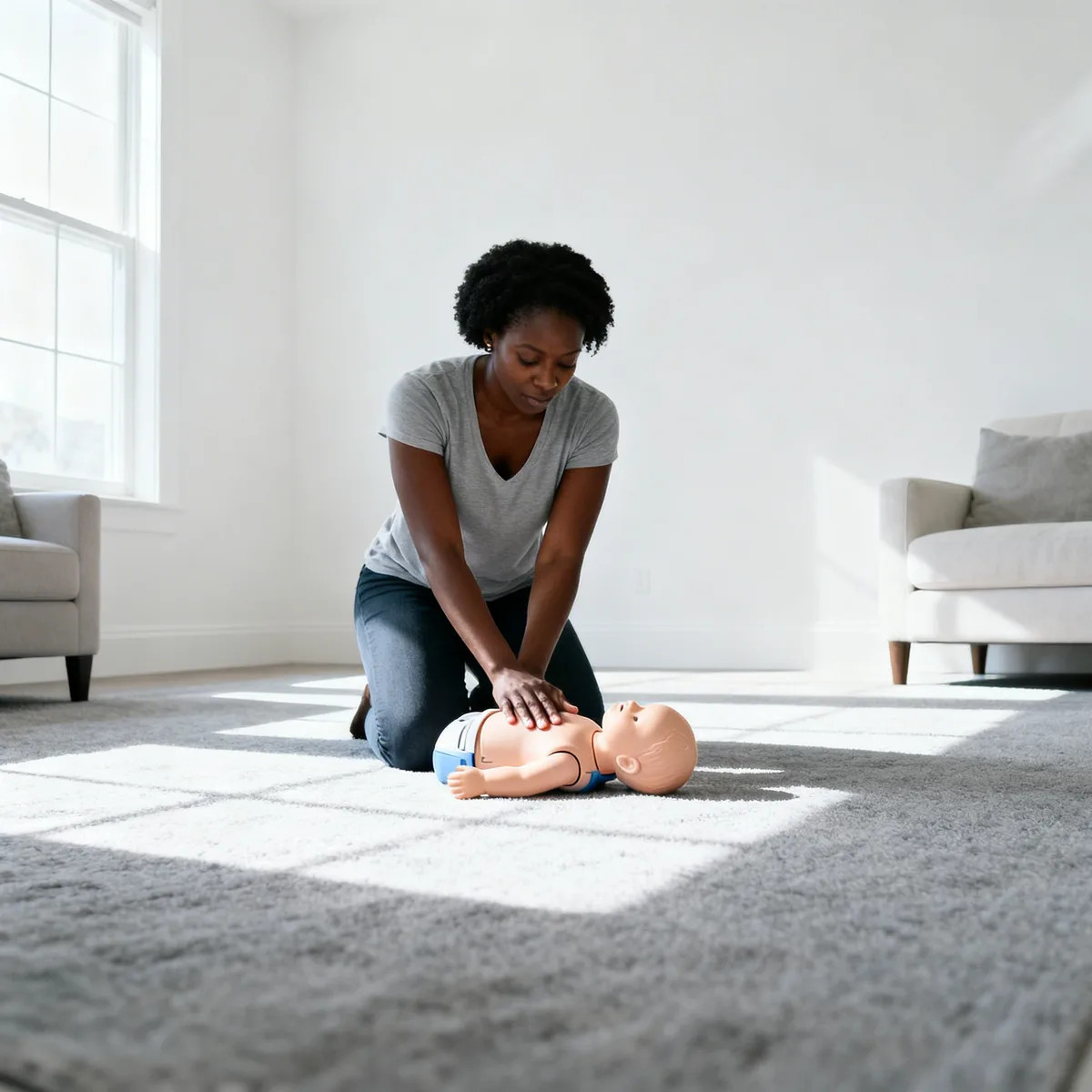 Mother practicing infant CPR two-finger chest compression technique on training manikin in sunlit living room