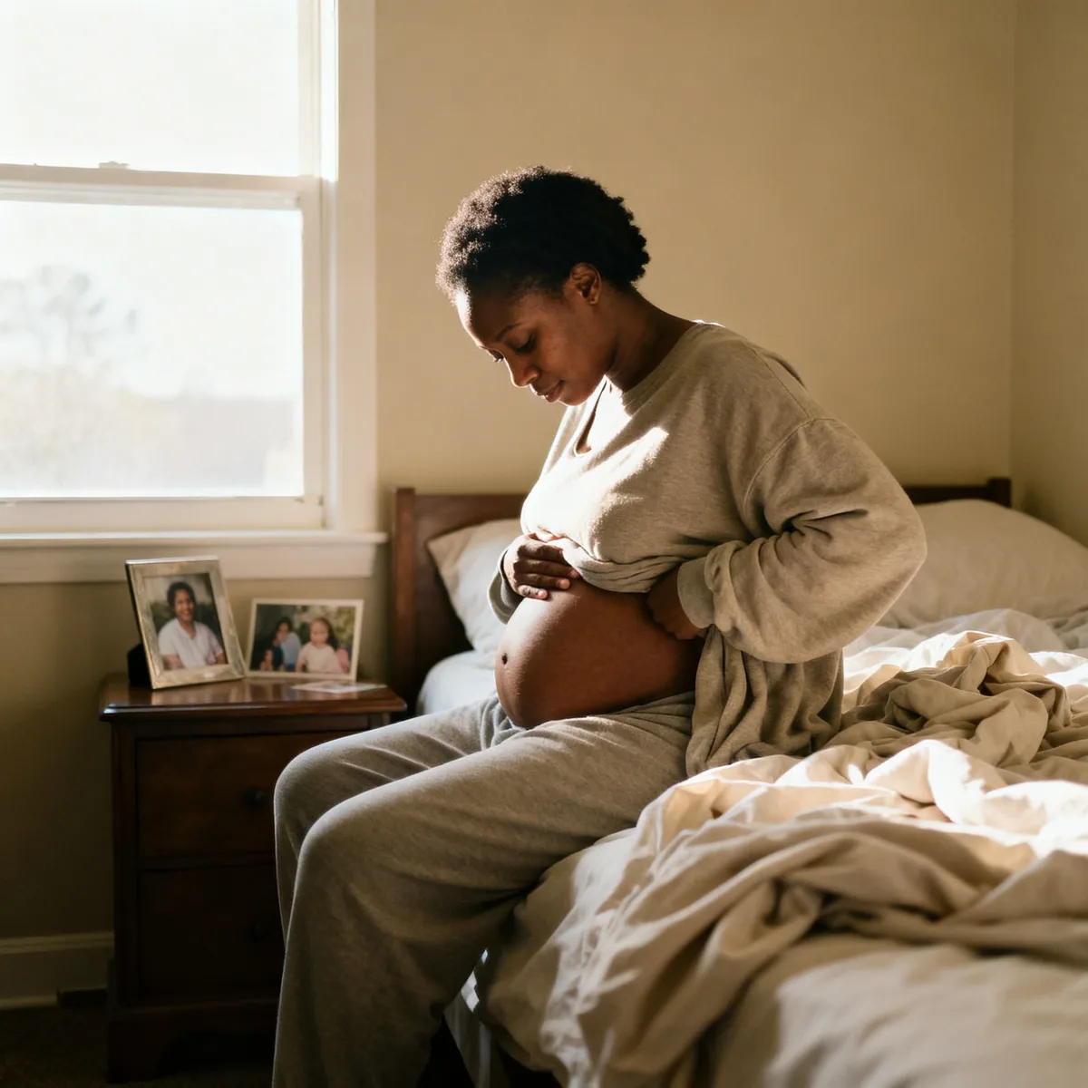 Black mother examining her postpartum body changes in natural morning light, sitting on bed in comfortable clothing