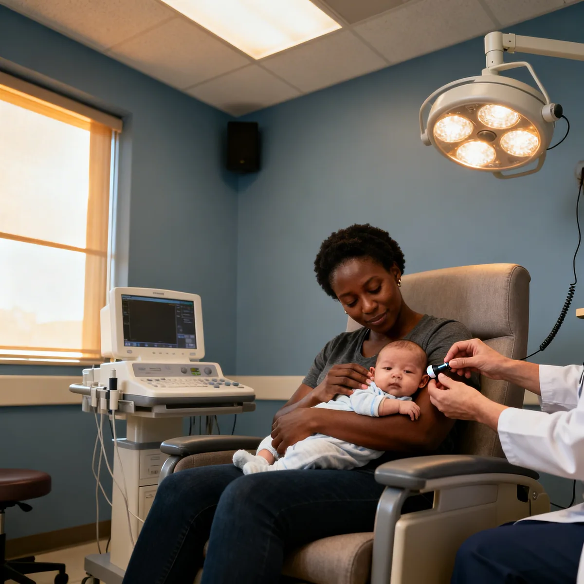 Mother holding newborn during hearing test in hospital audiology room with medical equipment visible
