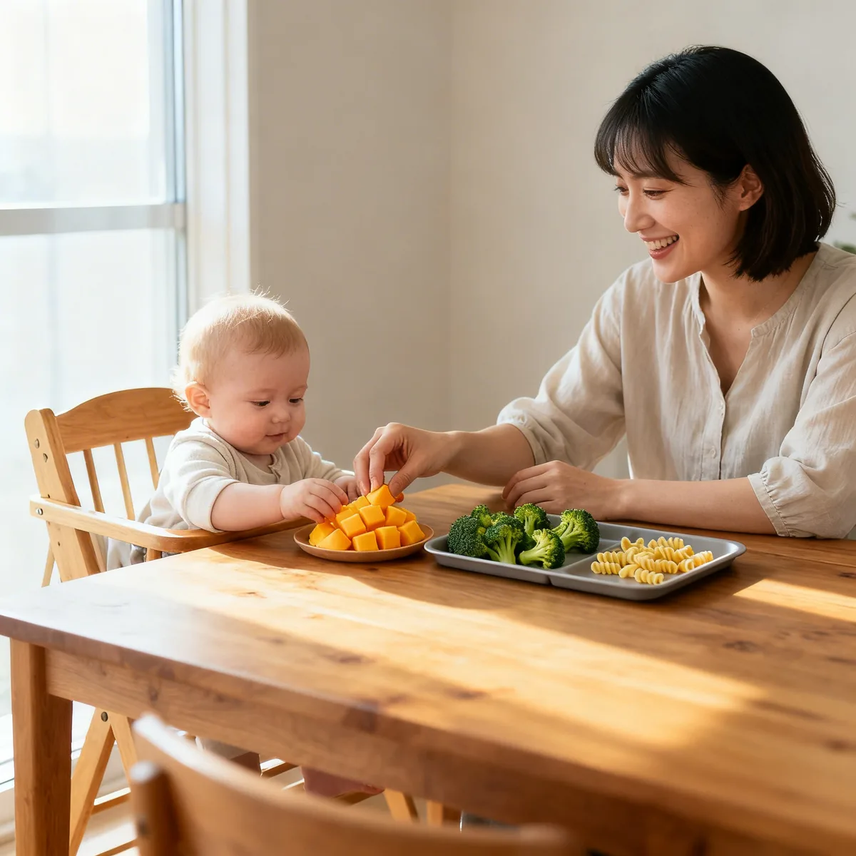 Mother introducing finger foods to 9 month old baby at high chair during mealtime