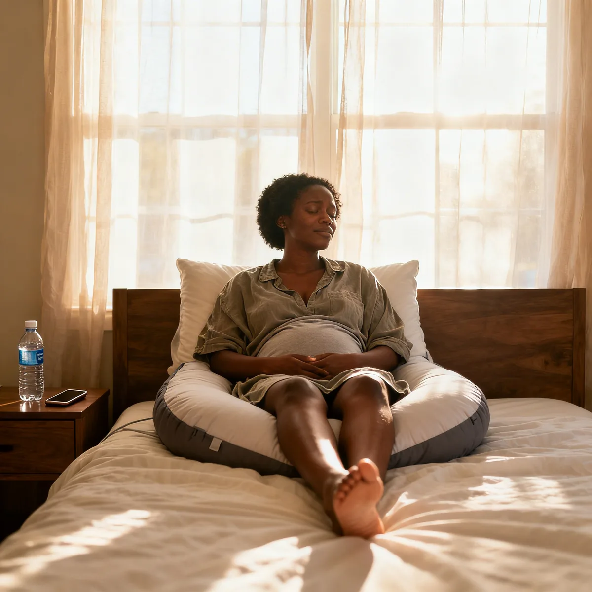 Black mother recovering at home after episiotomy, sitting on healing pillow in natural morning light