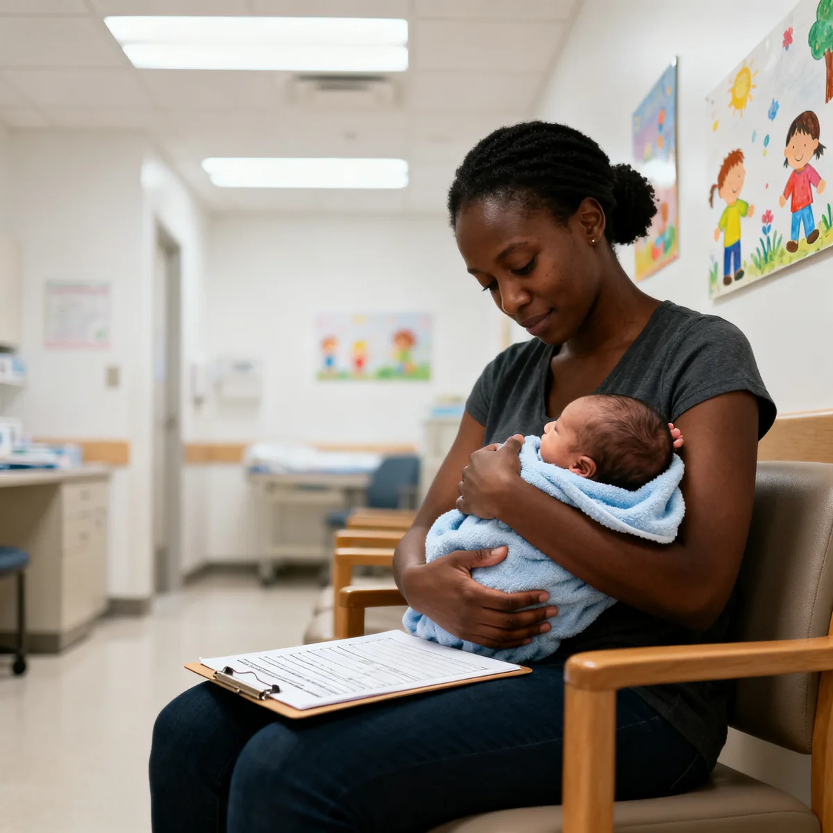 Mother holds newborn in pediatrician waiting room before first baby checkup visit appointment