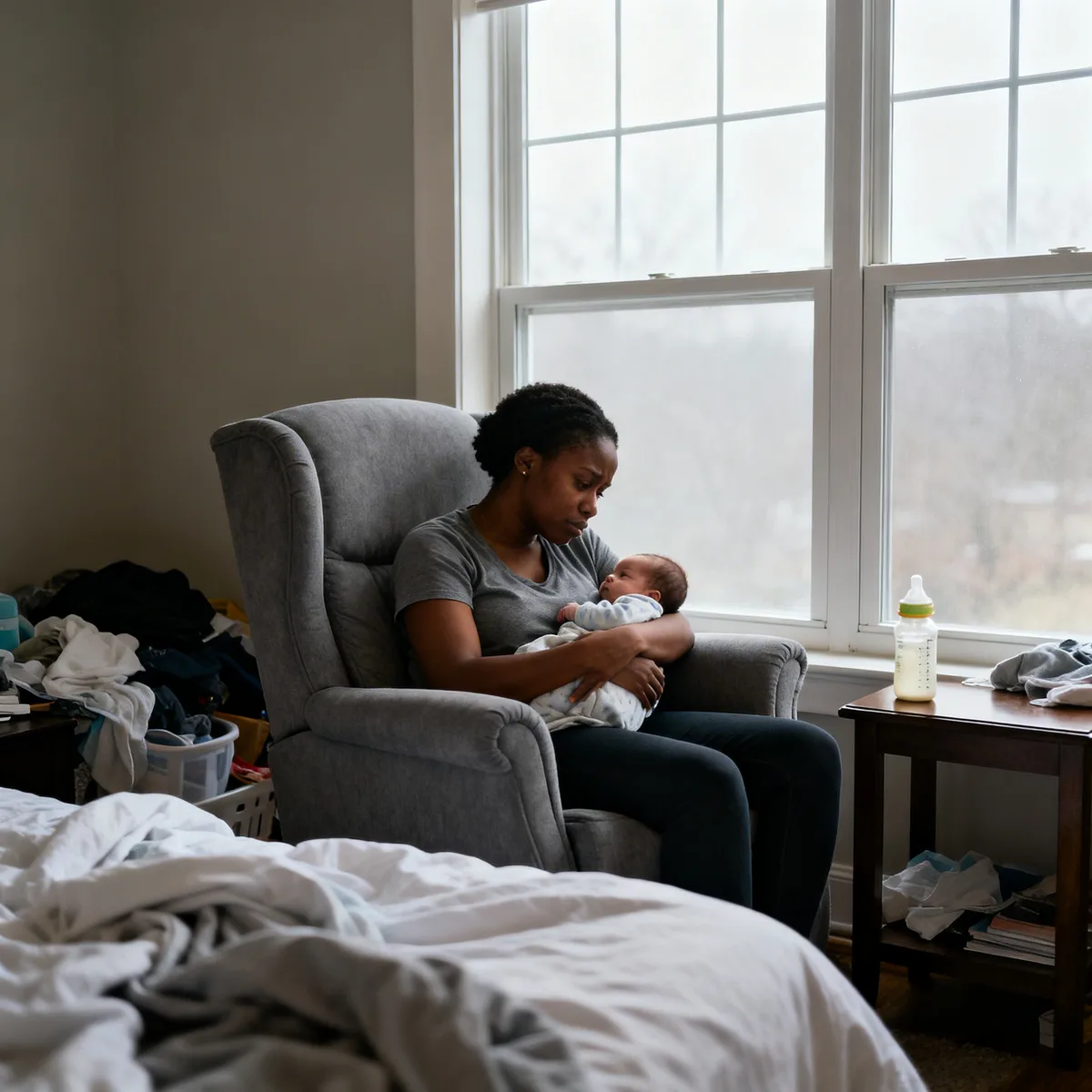 Mother holding newborn by window, newborn formula feeding schedule visible on nightstand