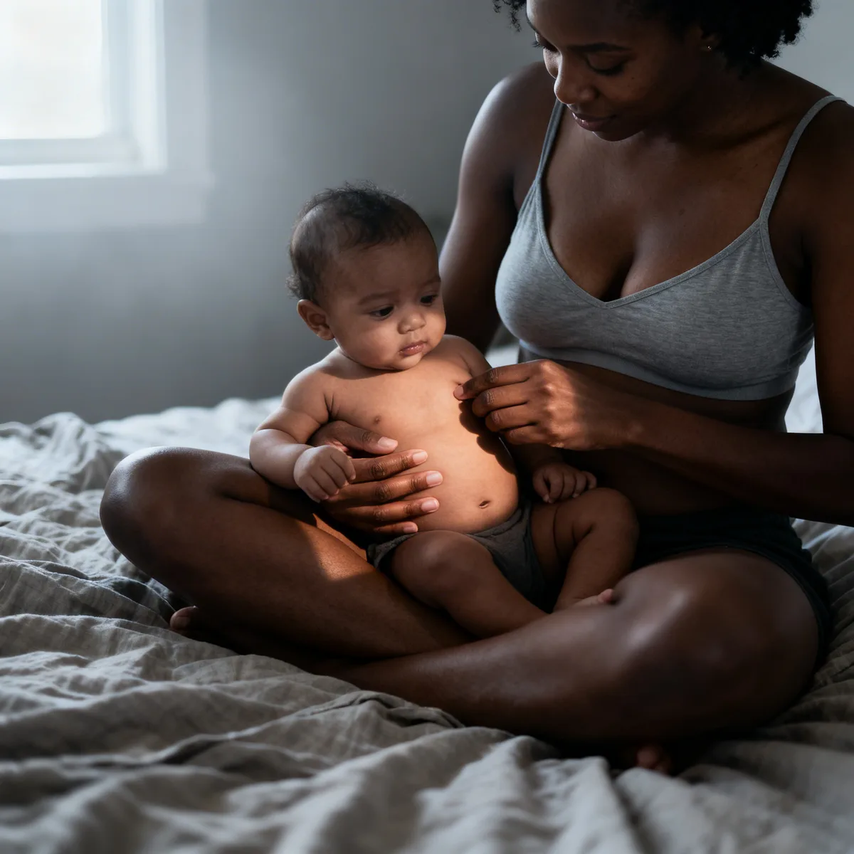 Mother examining infant rash on chest in natural window light