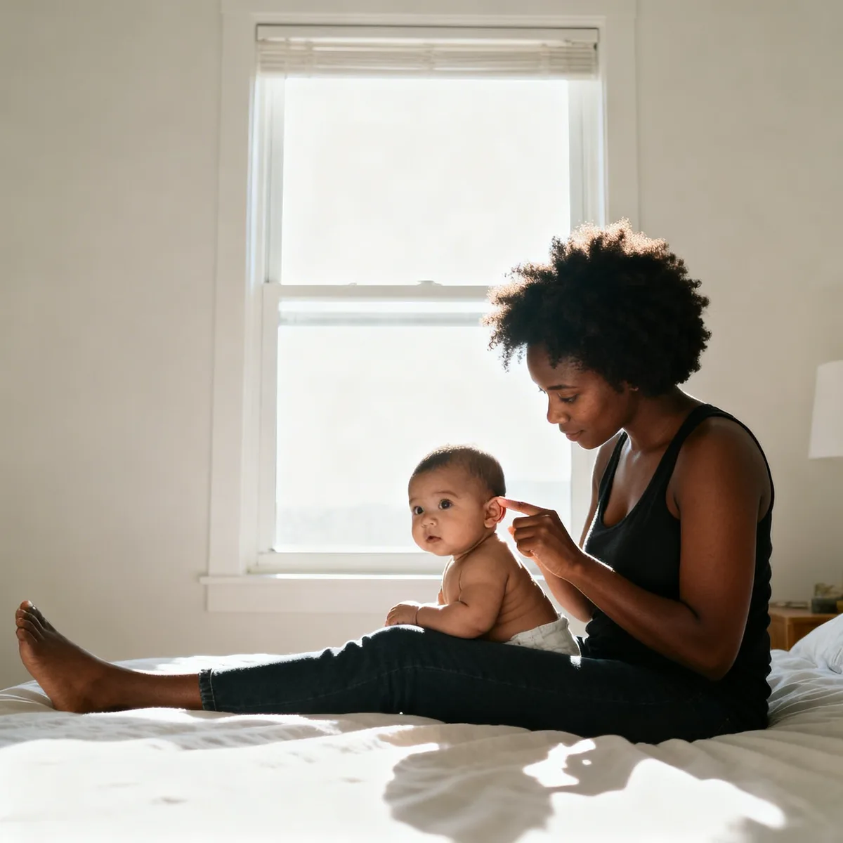 Mother examining baby's ear for cradle cap in natural window light