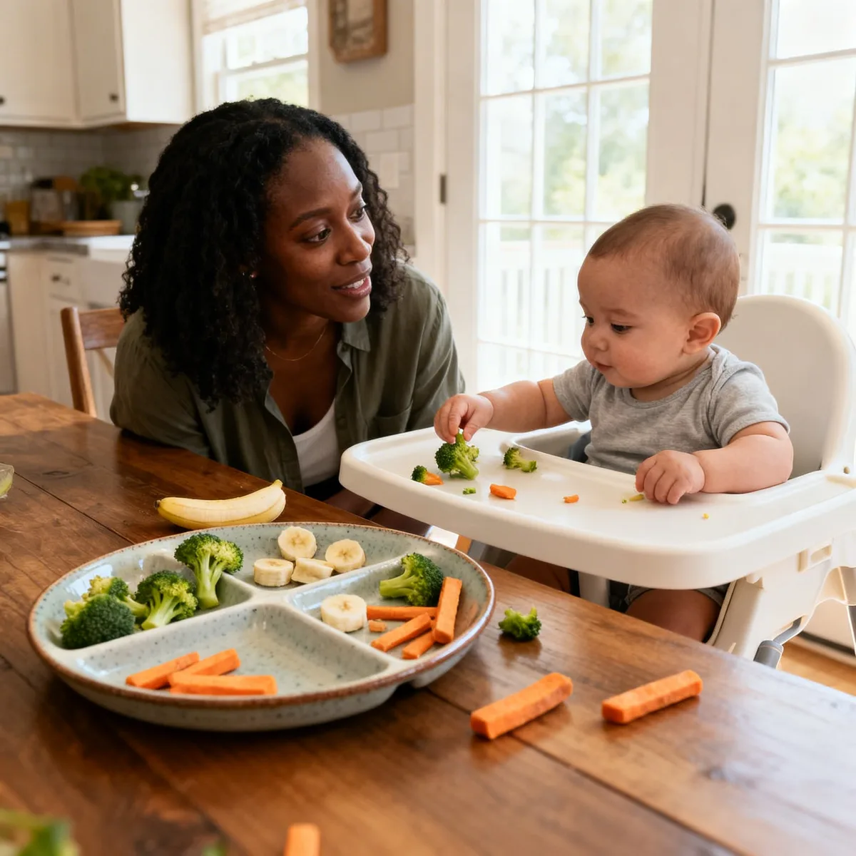 Mother and 6-month-old baby at high chair with BLW finger foods on plate during mealtime