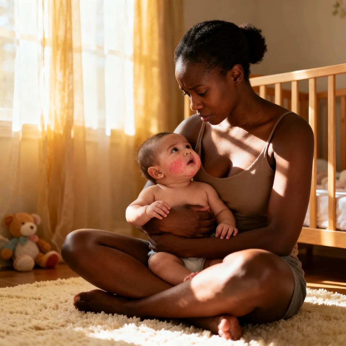 Mother examining infant teething rash on baby's chin and cheeks in natural window light