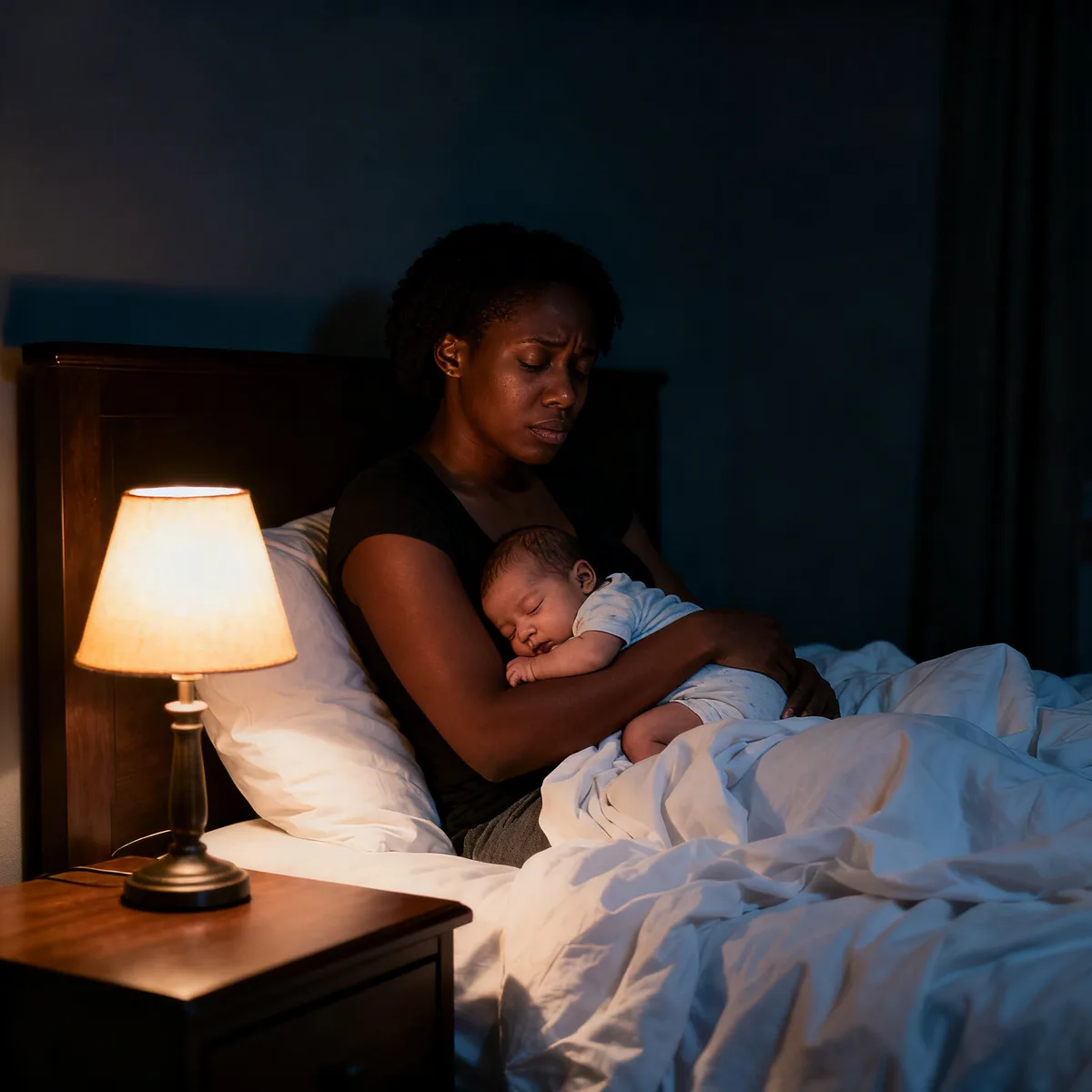 Exhausted mother holding sleeping one month old at night, soft lamp light, realistic bedroom