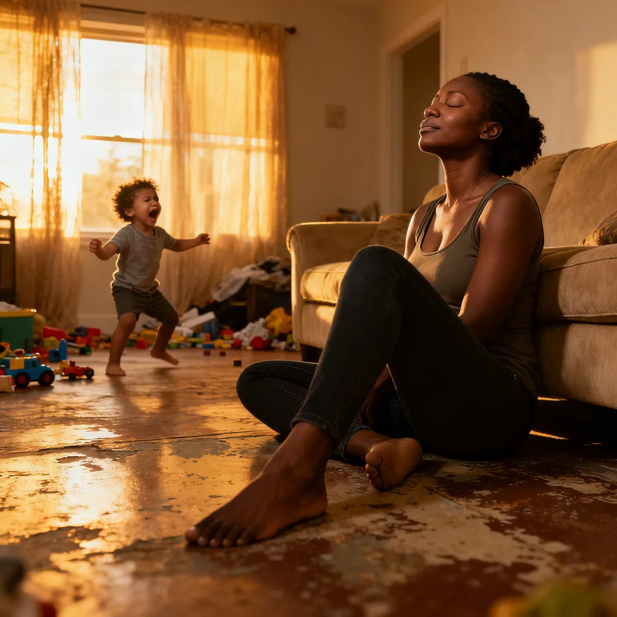 Mother taking a calm breath during toddler's temper tantrum in living room