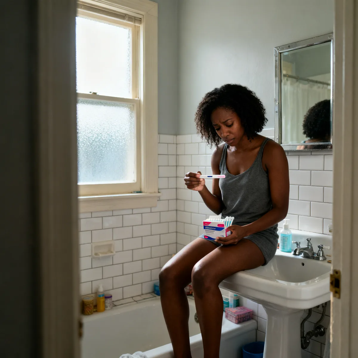 Woman comparing pregnancy test and tampons, wondering about implantation bleeding vs period signs