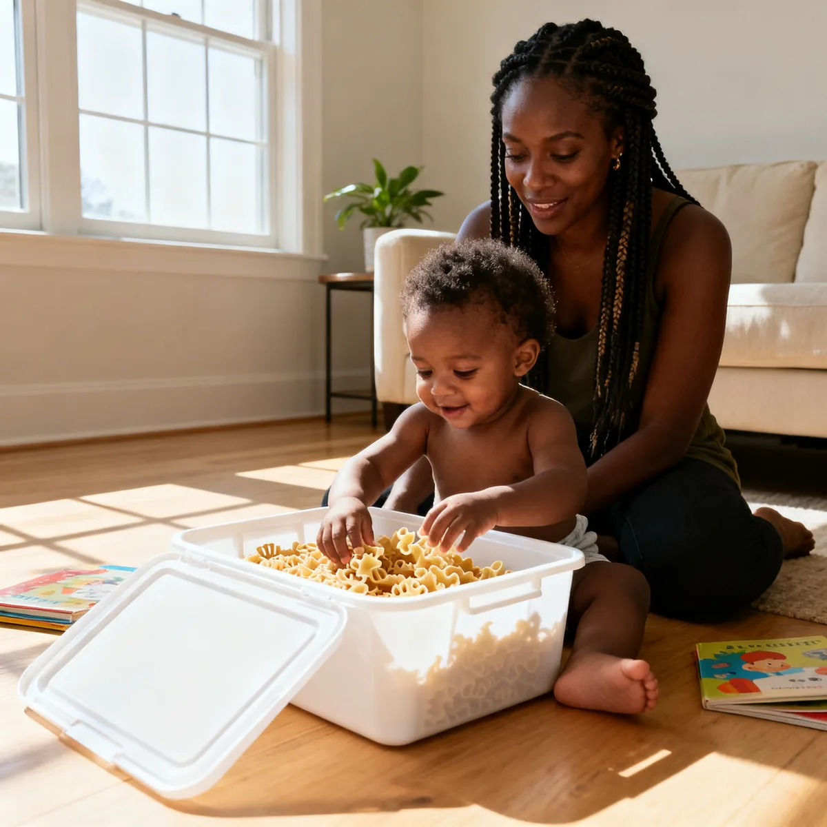 Toddler exploring sensory bins with dried pasta while parent supervises on wooden floor