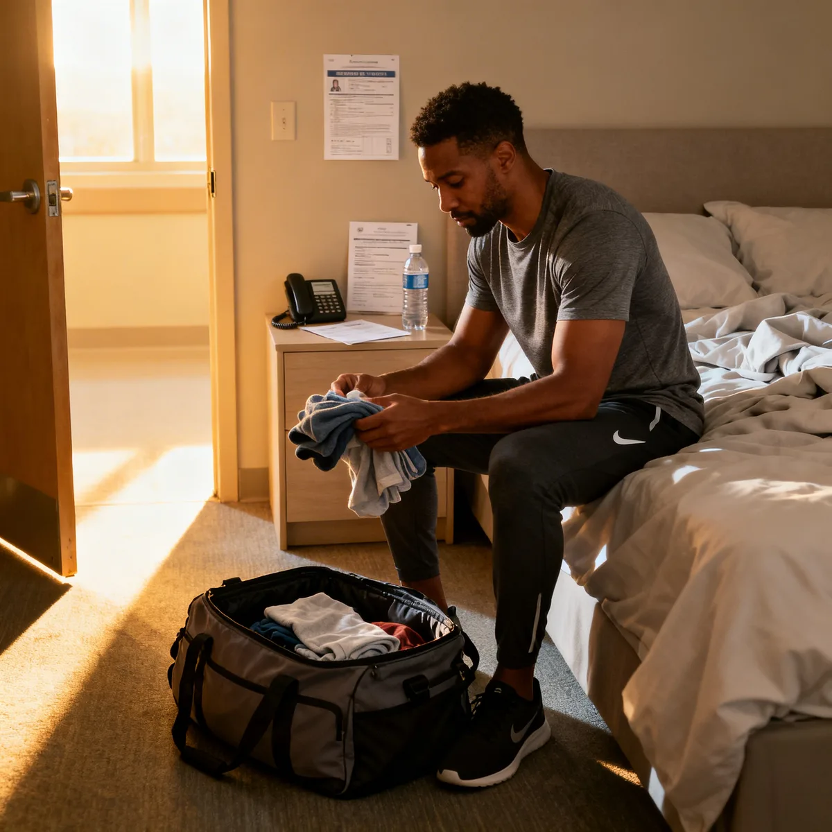 Father packing hospital bag checklist items into duffel on bedroom floor with golden morning light