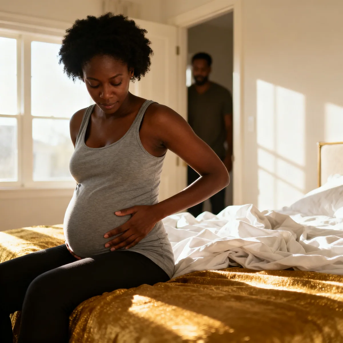 Woman in early labor sitting on bed, hand on belly, afternoon light through window