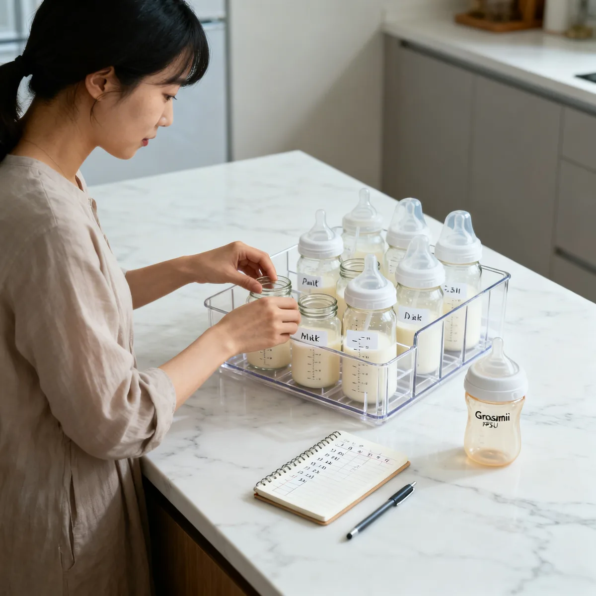 Korean mother organizing labeled breast milk bottles in fridge with storage containers