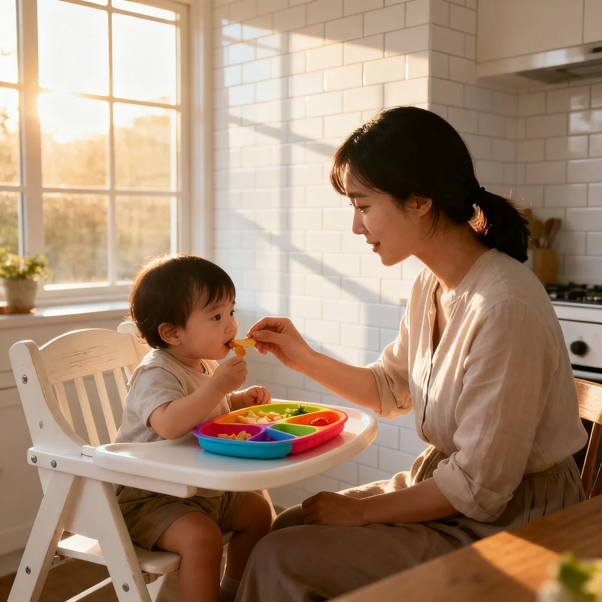 Korean mother feeding toddler soft foods from colorful silicone plate, demonstrating safe feeding practices