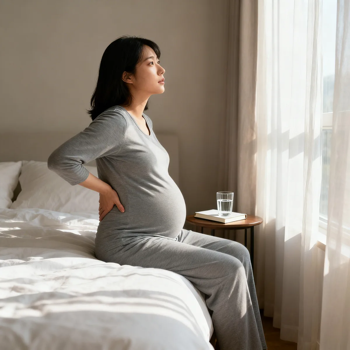 Pregnant woman at 38 weeks sitting on bed in morning light, preparing for labor
