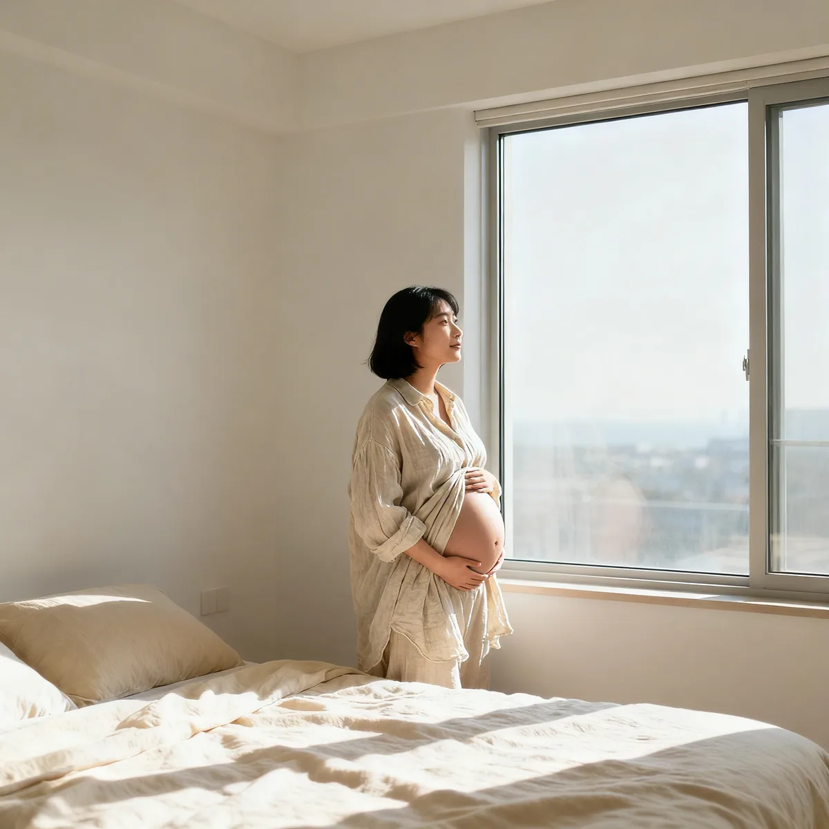 Pregnant woman at 28 weeks standing in bright bedroom with natural window light